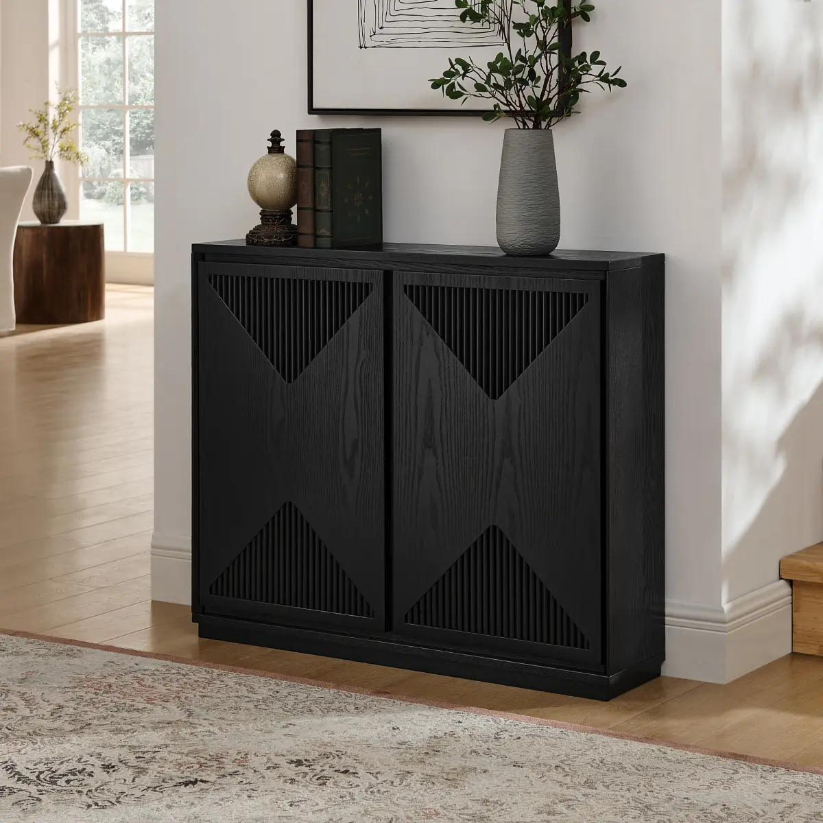 AobtkelMid Century Modern V-shape Storage Cabinet, Buffet Cabinet with Storage, Narrow Side Cabinet for Living Room Entryway Hallway Kitchen, Coffee Bar, Black