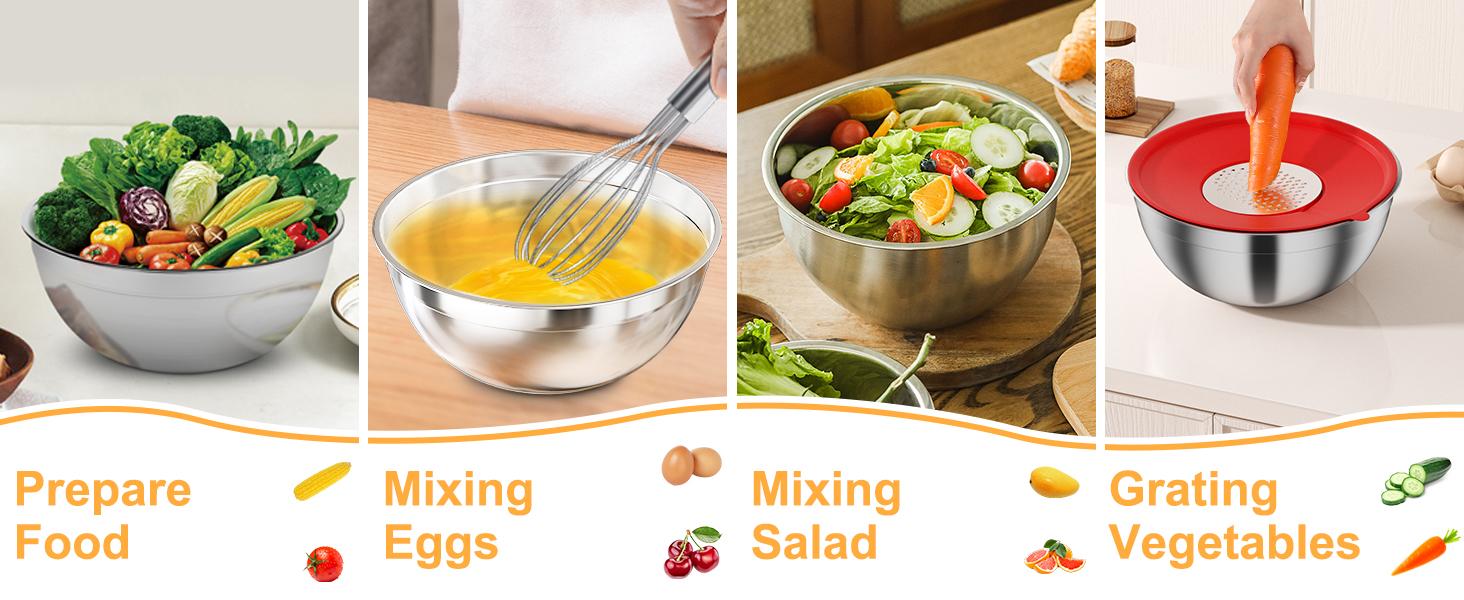 Mixing Bowls with Lids Set, 7 PCS Stainless Steel Mixing Bowls with 3 Grater Attachments, Size 4.5, 4, 3.5, 2.1, 1.5, 1.1, 0.7QT, Ideal for Kitchen Cooking Baking & Serving