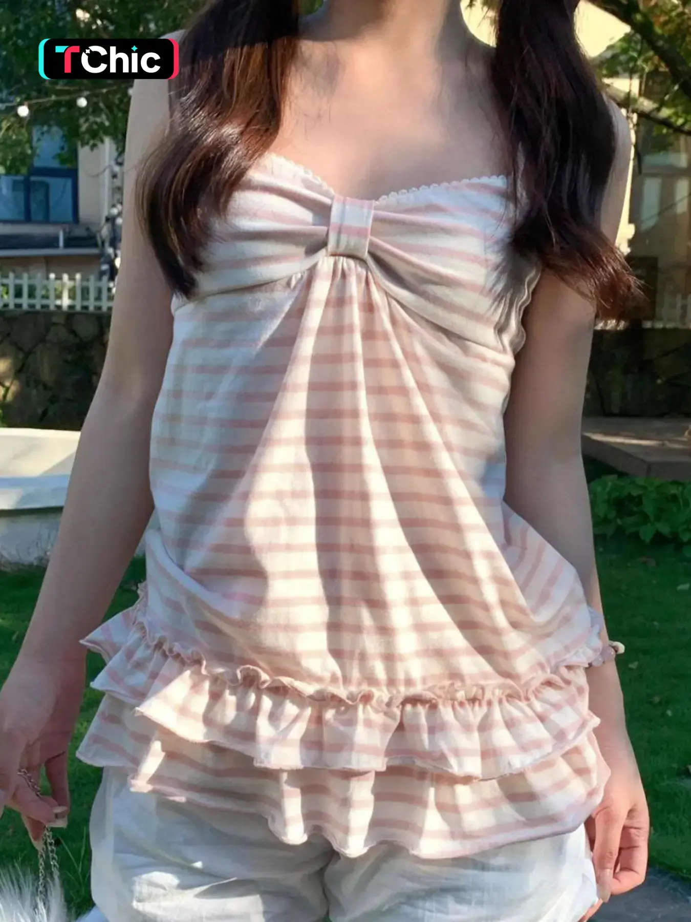 Women's Striped A-Line Ruffle Detail Spaghetti Strap Vest, Y2K Casual Top for Fall & Winter, Camisole Tank Tops