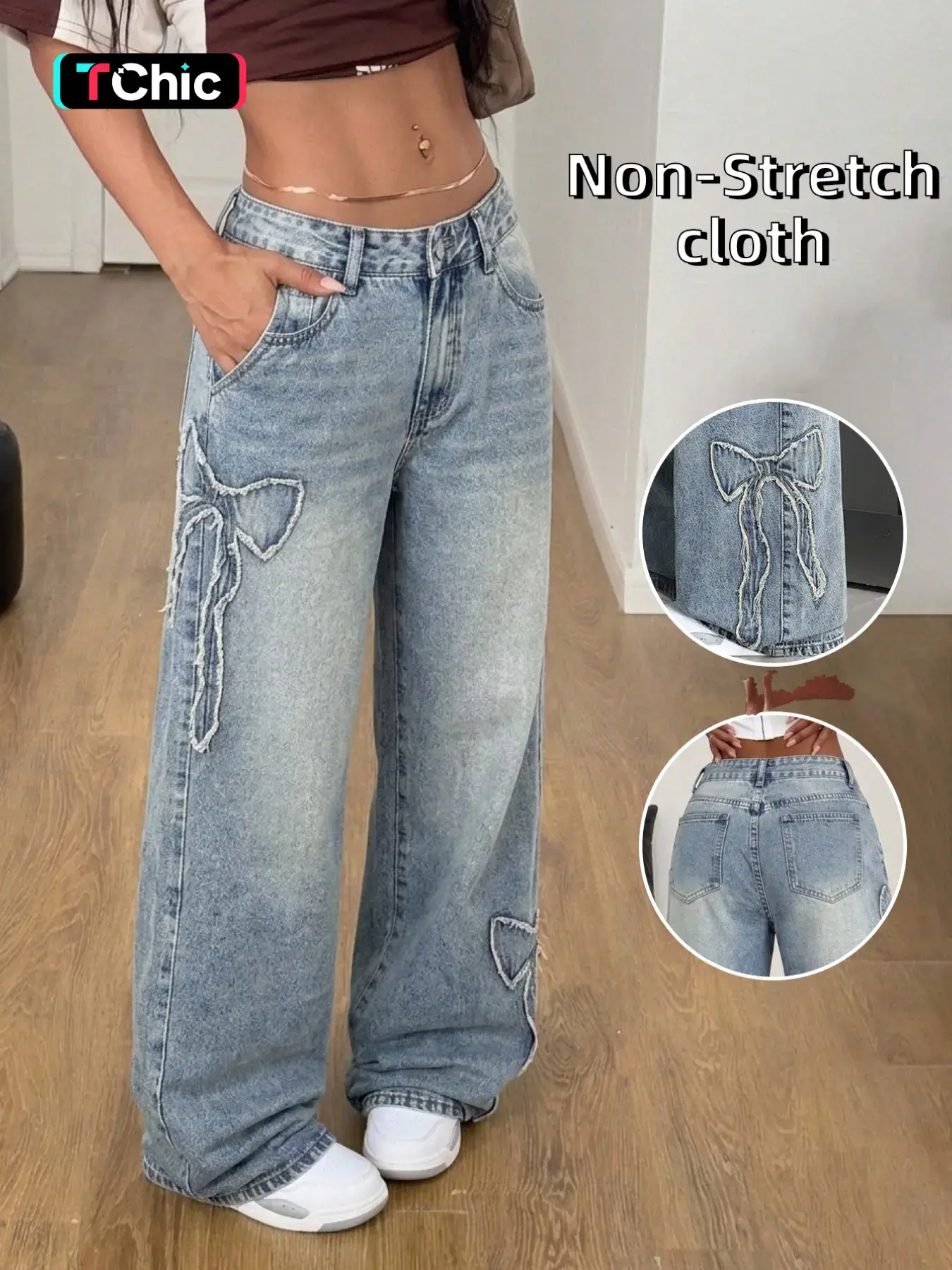 Women Mid Rise Light Wash Wide Leg Loose Jeans, Frayed Bow Patch Non-Stretch Denim Jeans, Y2K Vintage Baggy Streetwear Trousers for Daily Ootd