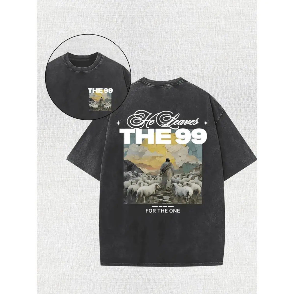 1PCS Double-Sided Water Washed Printing T-Shirts With Religious The 99 Sheep Pattern Round Neck Short Sleeve Retro Top Tees, 230g Gram 100 Percent Cotton Retro Vintage T Shirt, Perfect Gifts, Unisex