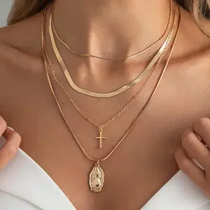 Main Character Energy Gold Layered Necklace Baddie Y2K Viral Flat Snake Chain Cross Virgin Mary Medallion Pendant Effortless Glamour Streetwear Jewelry for Women