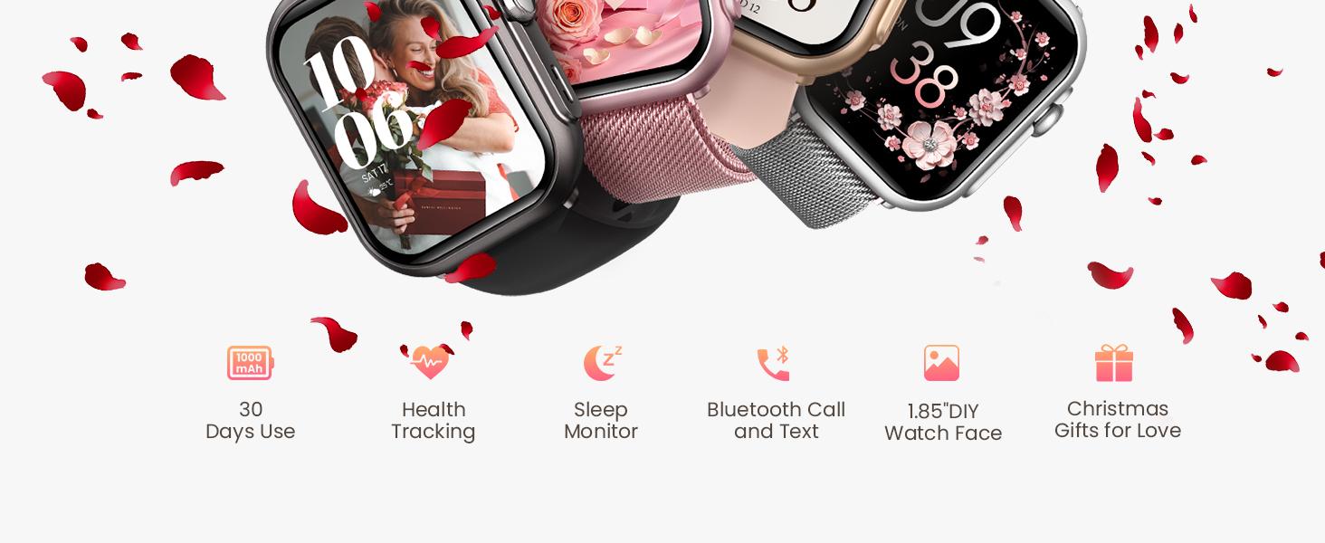 Unisex fitness smartwatch: compatible with iPhone and Android devices, supports Bluetooth calling, features heart rate and blood oxygen monitoring, has an IP68 waterproof rating, offers a battery life of over 30 days, and comes with 2 straps