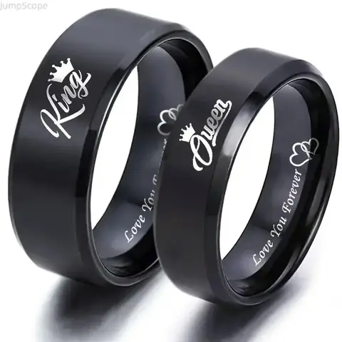 Unisex Matching Bf and Gf King-Queen Rings Set - Black Titanium with Custom Engraving, Love You Forever Unique Romantic Accessories, Durable Elegant Gift for Wedding Anniversary Lovers