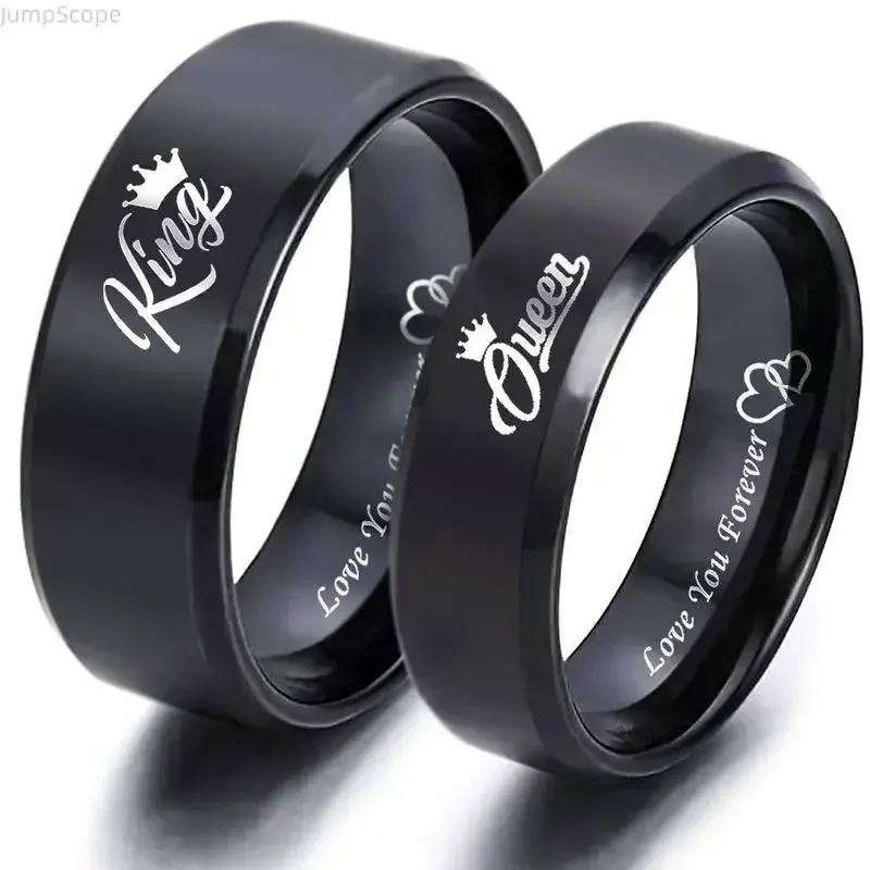 King Queen Matching Couple Wedding Ring Sets, Black Titanium Engraved Love You Forever Personalized Rings, Elegant Durable Custom Engraving Jewelry Gift for Wedding Anniversary Lovers