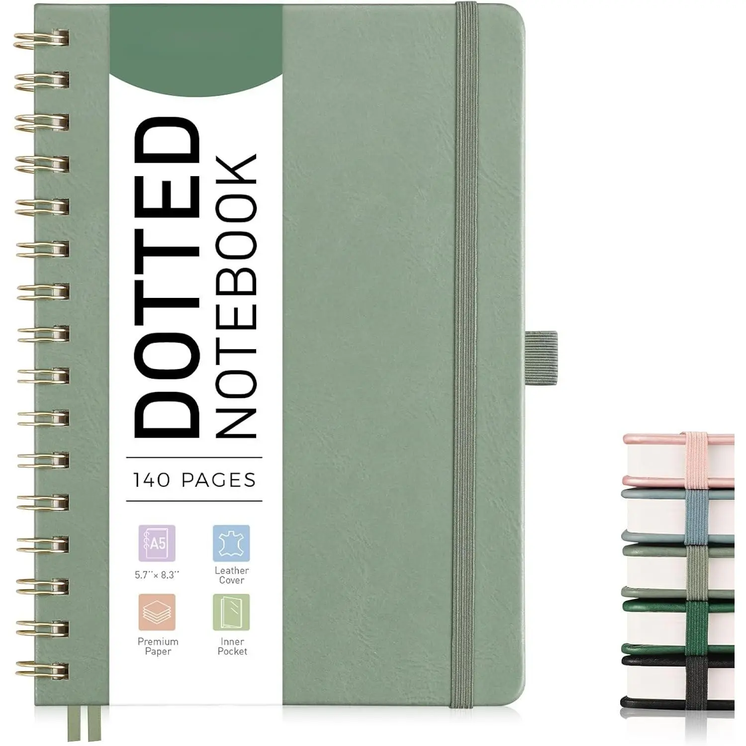 Modern Vegan Leather Hardcover A5 Dotted Journal (5.7"x8.3"), 140 Pages 100 GSM Dot Grid Paper, Spiral Bound, Inner Pocket for Journaling (Sage Green), Leather Cover