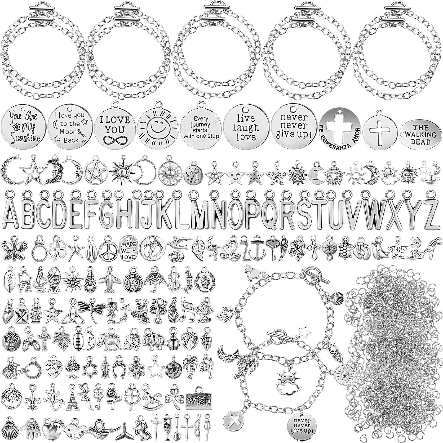 469 count Bracelet Making Kit, Chain, Charms, Jump Rings | 10 Chain Bracelets, 159 Moon  Tibetan  Charms, 300 Open Jump Rings, OT Toggle Clasp Included