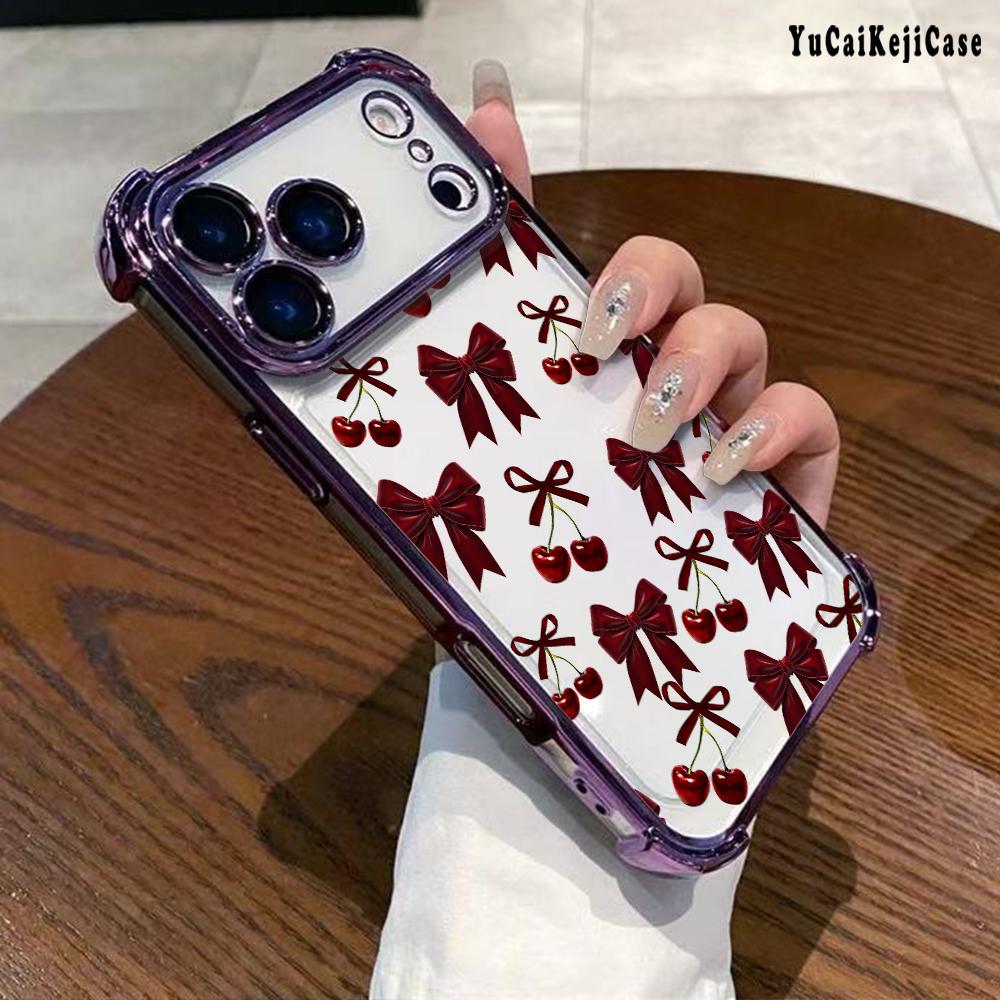 Compatible with Phone Case iPhone 17 Pro Max 16 15 Plus Air 14 13 12 11 E Cherry Bows Pattern Transparent Full Coverage Four Corners Anti-drop Casing