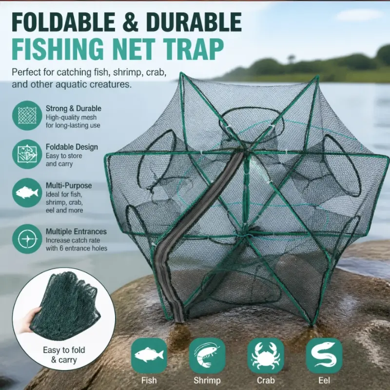 Foldable reinforced durable fishing mesh net cage, suitable for carp, catfish, shrimp, and crab traps