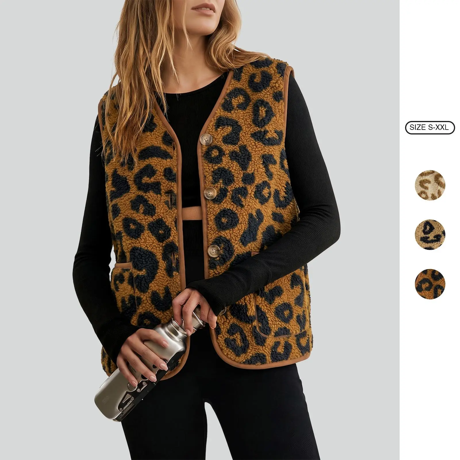 Imily Bela Women's Fuzzy Leopard Vest Button Down Fleece Sleeveless Jacket Cozy Outerwear Casual Warm Waistcoat with Pockets