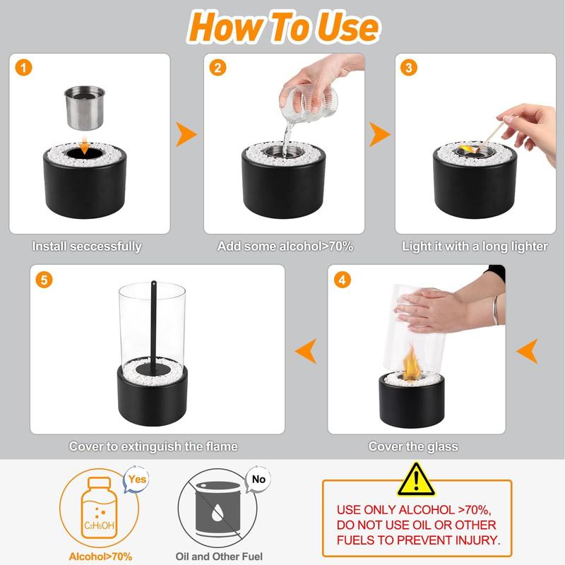 Glass & Metal Desktop Fireplace Bowl, Portable Smoke-Free Indoor Outdoor Fire Pit Option, Ethanol Alcohol Fuel Available, Home Decor Accent, Tabletop Fire Pit