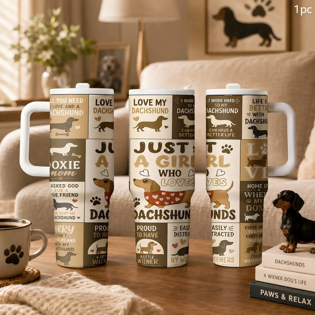1PC 40oz Vintage Dachshund Dog Quote Pattern Insulated Tumbler with Handle & Lid, Double Wall Vacuum Leak-Proof Travel Mug, Hot 12H Cold 24H, Large Capacity Cup for Men Women, Birthday Christmas Pet Lover Gift