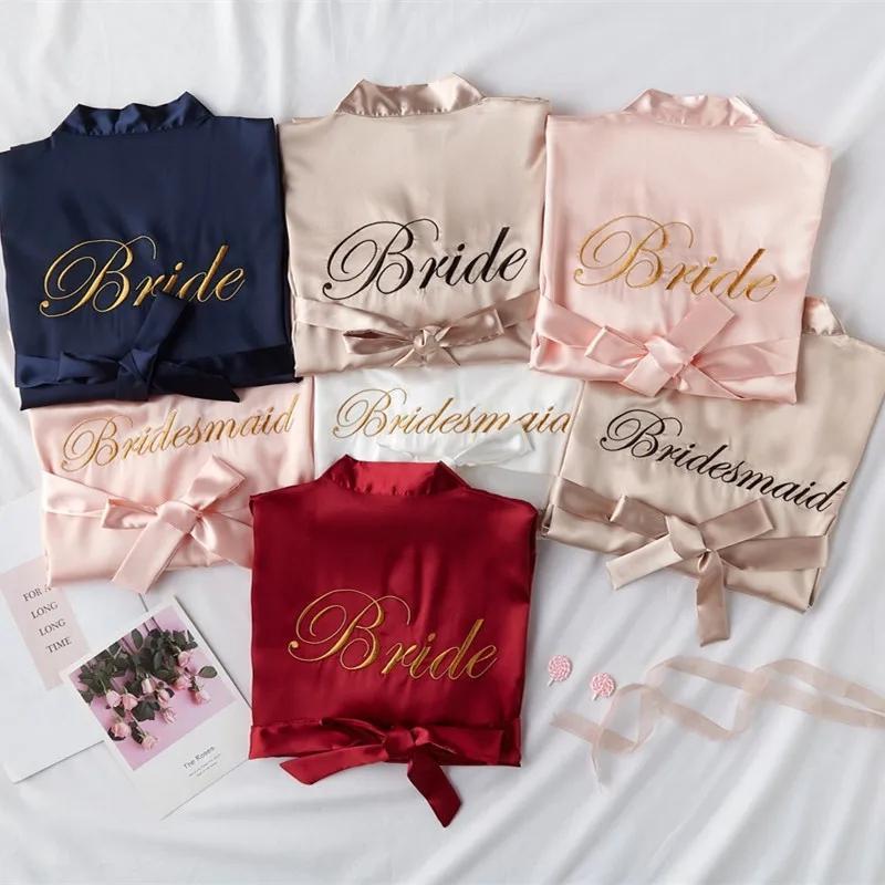 Bride Bridesmaid Wedding Robe Embroidery Kimono Bathrobe Gown Nightgown Casual Satin Short Women Sexy Nightwear Sleepwear
