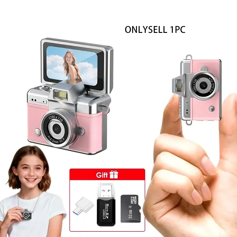 Mini keychain digital camera - Pocket high-definition video camera, equipped with a flash and a 0.96-inch screen, comes with a 32G memory card. Retro style vlog camera, suitable for travel, concerts, children's use and impromptu parties.