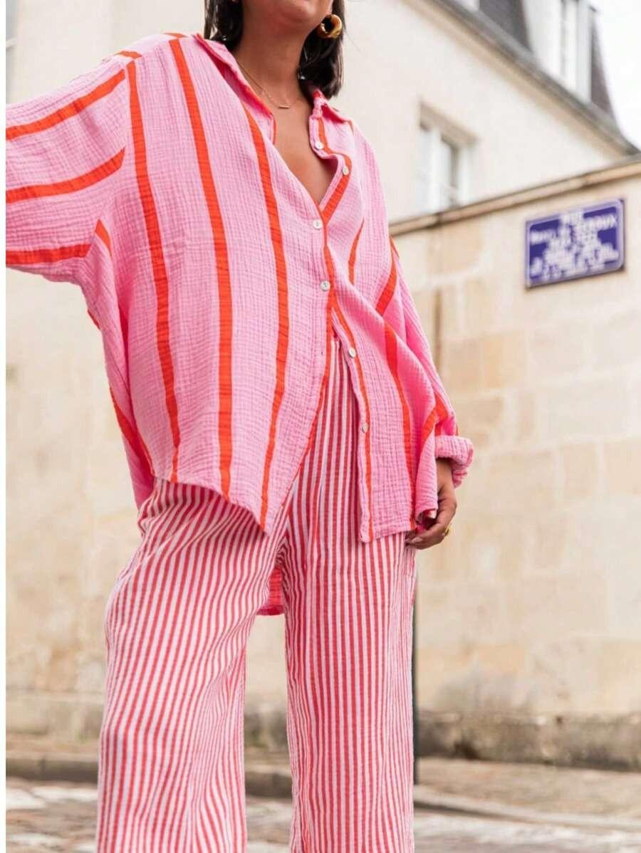 2026 European and American autumn and winter new long-sleeved button-up cardigan women's striped shirt women's vintage striped