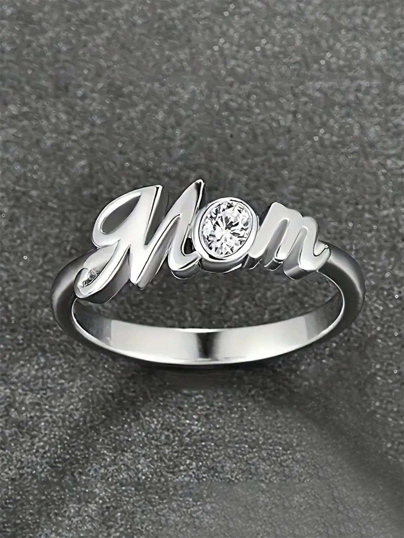 925 Sterling Silver Fashion Mom Letter Design Ring, Rhinestone Decor Ring for Women, Trendy All-match & Exquisite Jewelry for Birthday Gift, Statement Rings
