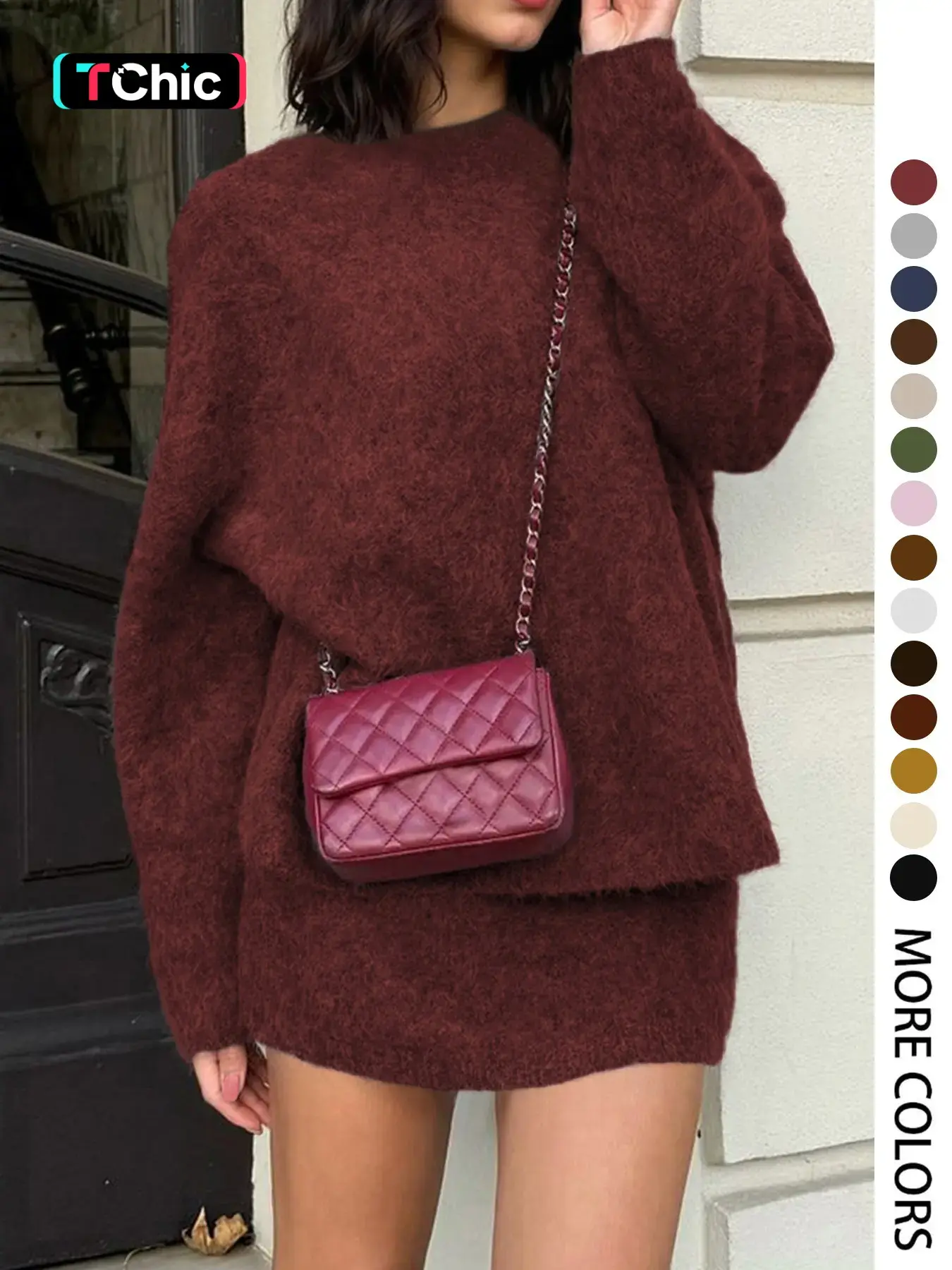 Elegant Women's Fall Winter Fashion Casual Home Wear Basic Simple Fitted Solid Color Knit Ribbed Binding Round Neck Long Sleeve Set