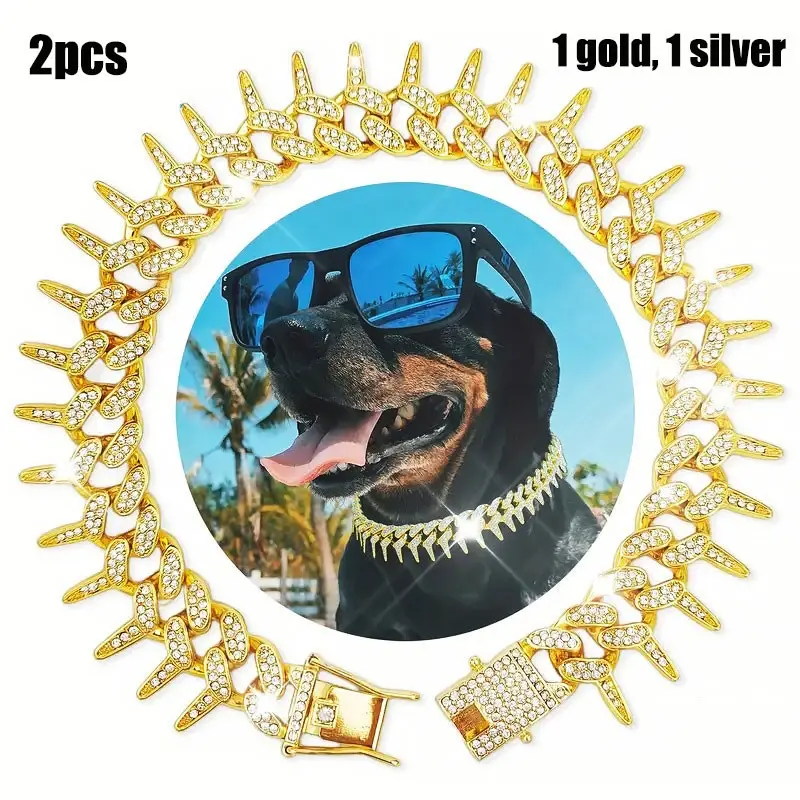 High-Quality Dog Chain Collar Set, 20mm Thorny Point Walking Chain, Diamond Cuban Chain Jewelry for Small Cats and Dogs