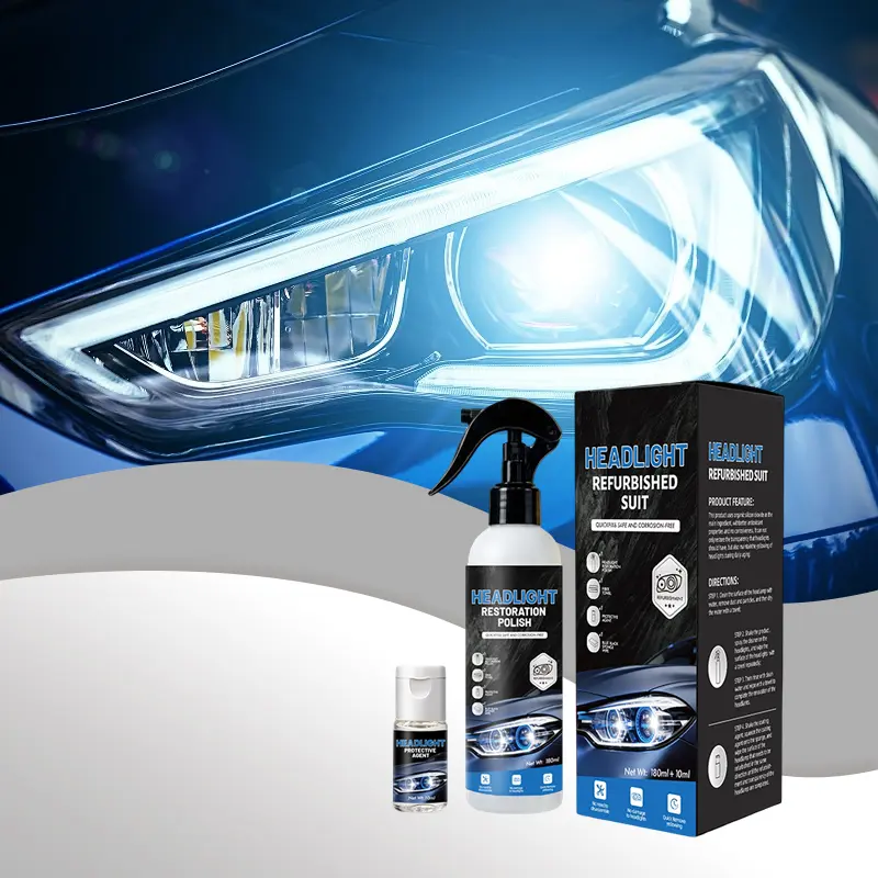 Car Headlight Lens Restoration Kit 180ML Cleaning Solution with 10ml UV Protective Agent, Repairs Yellowing and Cloudy Headlights, Headlight Polishing Agent for Vehicle Maintenance, No-Sand Automotive Headlamp Restoration Fluid Polishes Refurbisher
