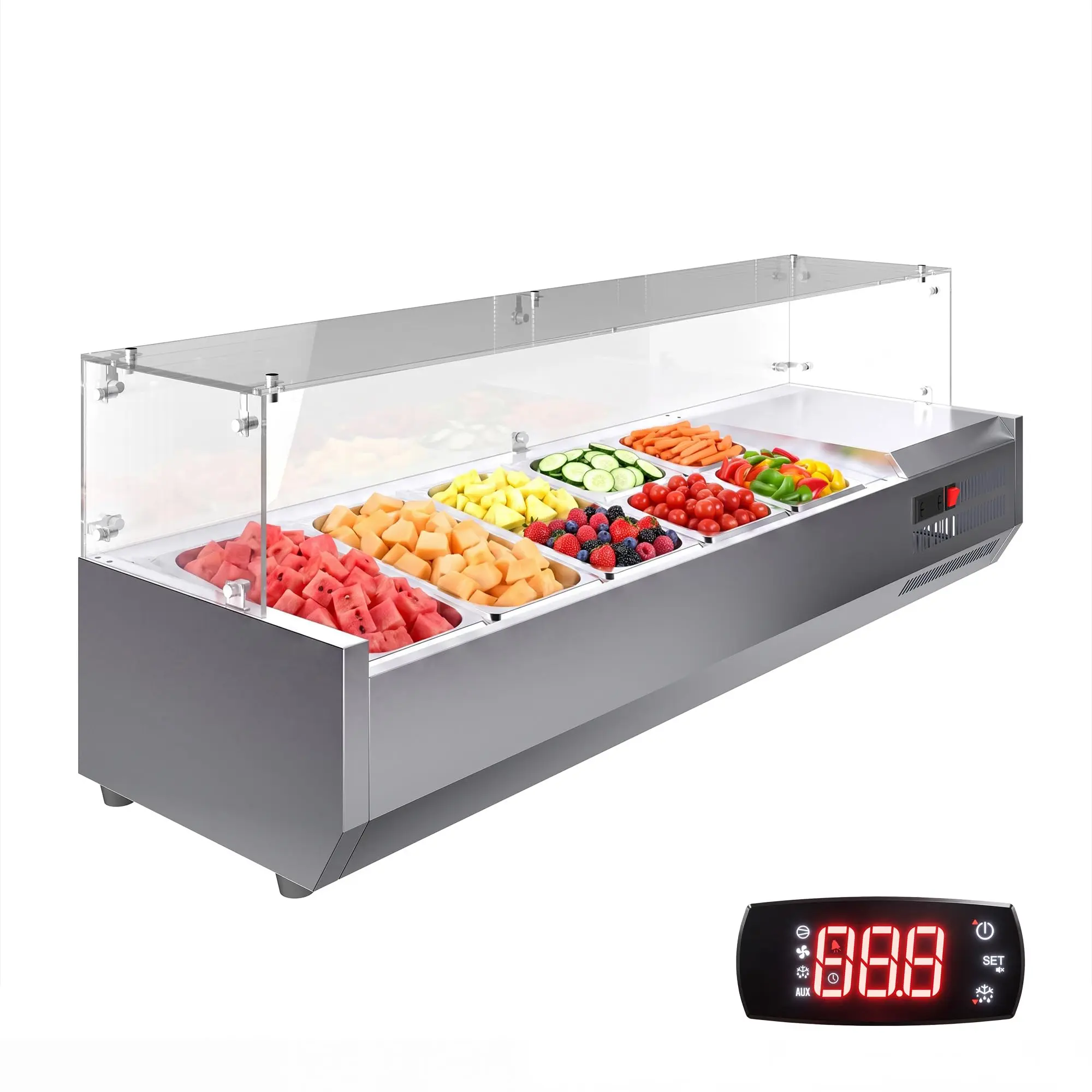 304 Stainless Steel Countertop Refrigerated Salad Prep Station - 140W Air Cooling Cooler, 35-46°F Digital Temp Control, Glass Shield, Detachable Flexible Food Storage Containers (3x1/3, 4x1/6) for Restaurants