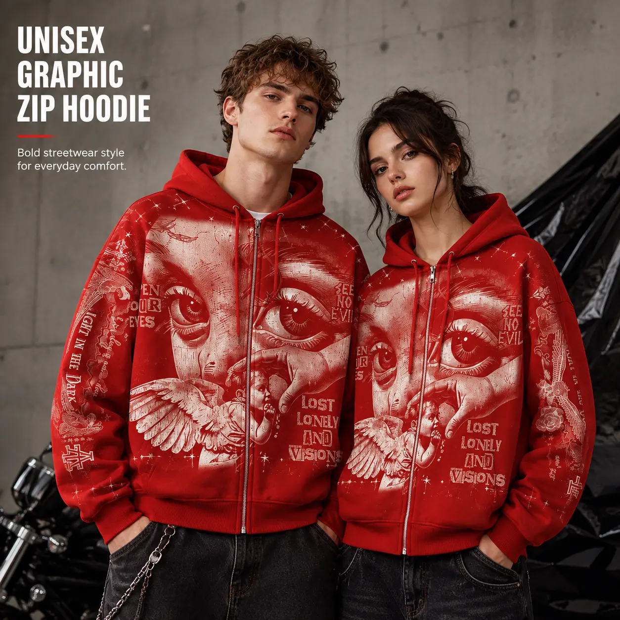 Unisex Graphic Zip Up Hoodie Oversized Streetwear Sweatshirt for Men Women, Vintage Red Full Zip Hooded Jacket, Gothic Eye Print Casual Long Sleeve Hoodie, Y2K Harajuku Punk Grunge Sweatshirt with Pockets for Fall Winter Daily Wear
