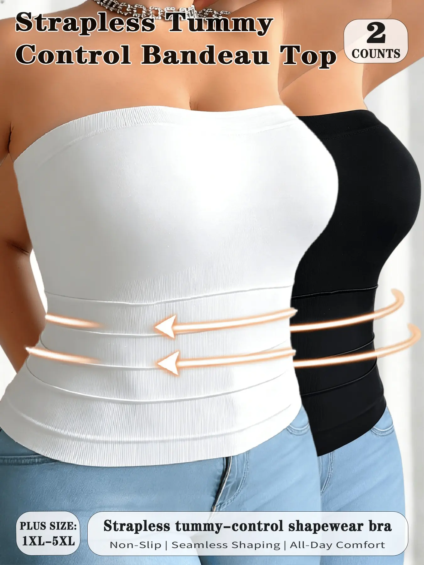1/2/3pcs  Plus Size Strapless Belly Control Ruched Bra, Daily Commute & Date Elegant Seamless Shaping Wear, Comfortable Non-Pressing Design