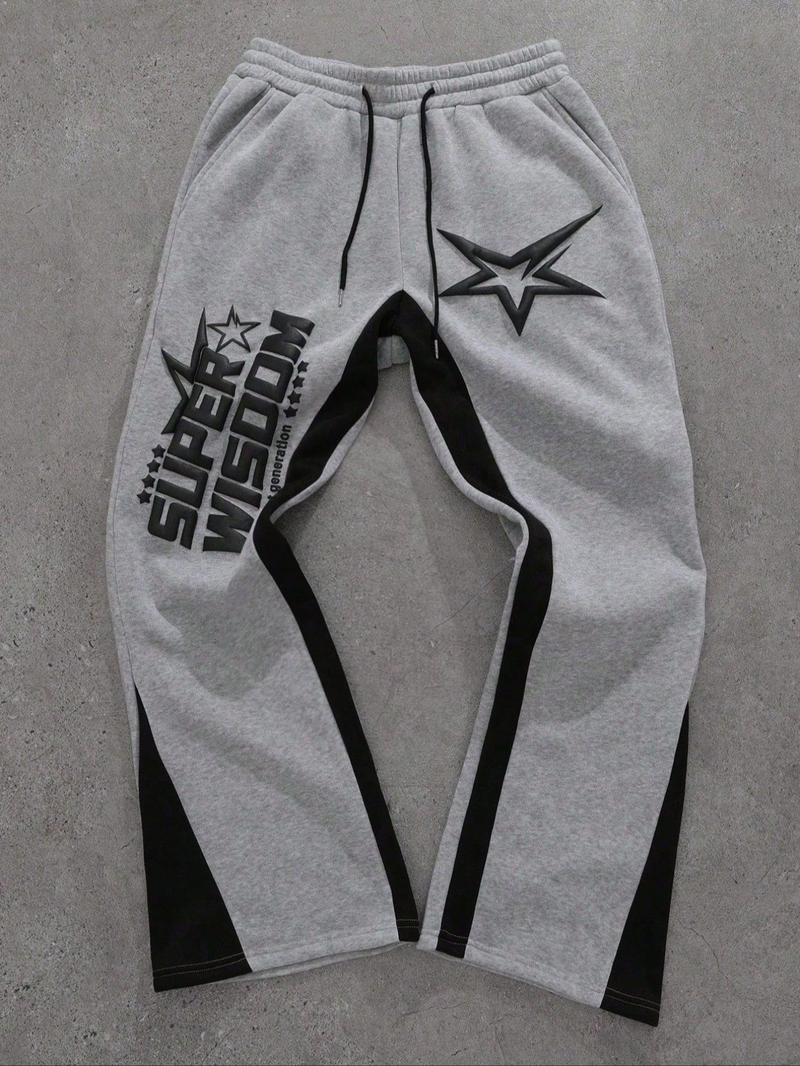 Men's Colorblock Letter & Star Print Sweatpants, Casual Comfy Straight-leg Pants for Daily Wear, Men's Trousers for All Seasons, Athleisure Style Bottoms