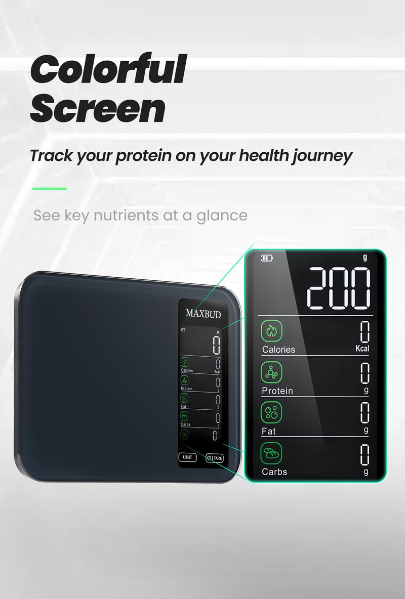 MAXBUD AI Nutrition Scale with APP Function, Food Ai Scanning for 19 Nutrients, Rechargeable Glass Design for Fitness & Travel, Food Nutritional Scale