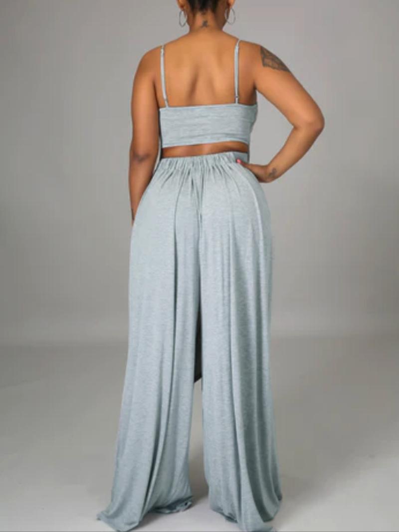 Women's Solid High Low Wide Leg Loungewear Set, Casual Sleeveless Spaghetti Strap Cami Top & Pants Pj Set, Women's Sleepwear for Summer