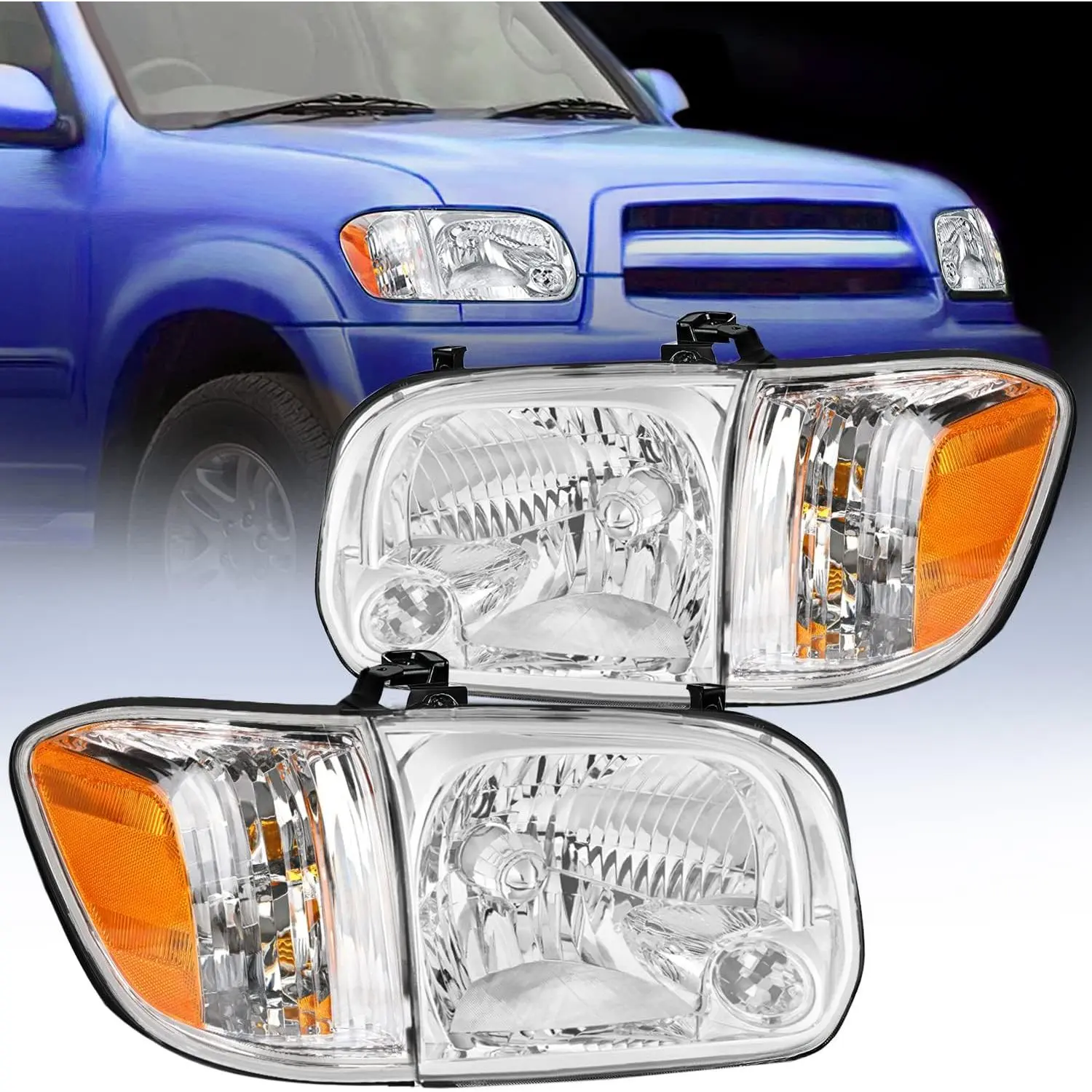 Nilight Brightening Double-Sided Headlight Assembly - Waterproof, Adjustable, Corrosion Resistant, Fogless Car Lighting for 2005-2006 Toyota Tundra 4-Door Double Crew Cab, 2007 Sequoia - Chrome Housing, Amber Reflector, Driver & Passenger Side, Temperatur