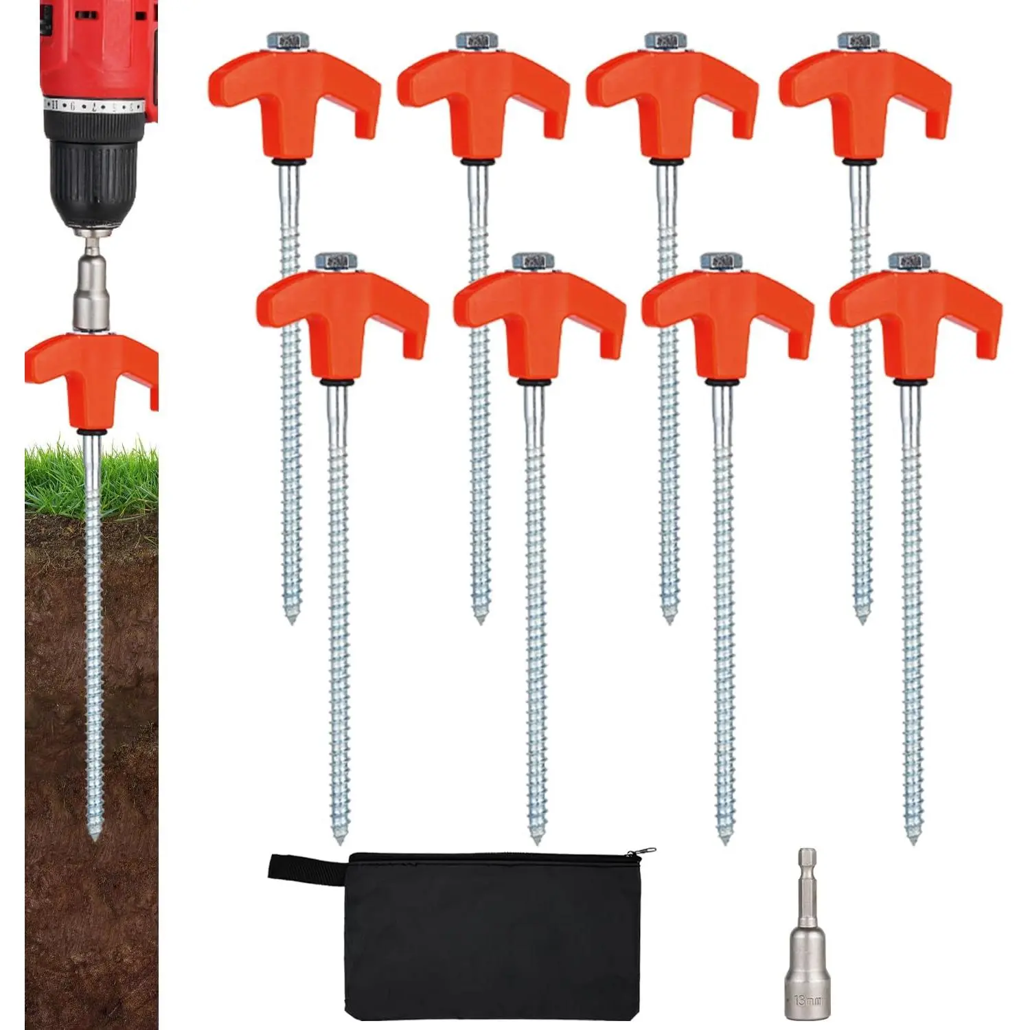8-Pack 8-Inch Heavy Duty Metal Screw-In Tent Stakes, Campground Stakes, Windproof Moisture-Proof Wear-Resistant Ground Anchors for Camping, Includes Hex Head Driver, Orange, Includes Driver, Waterproof Wear, Aluminum Alloy, Camping Accessories, Hiking Gea