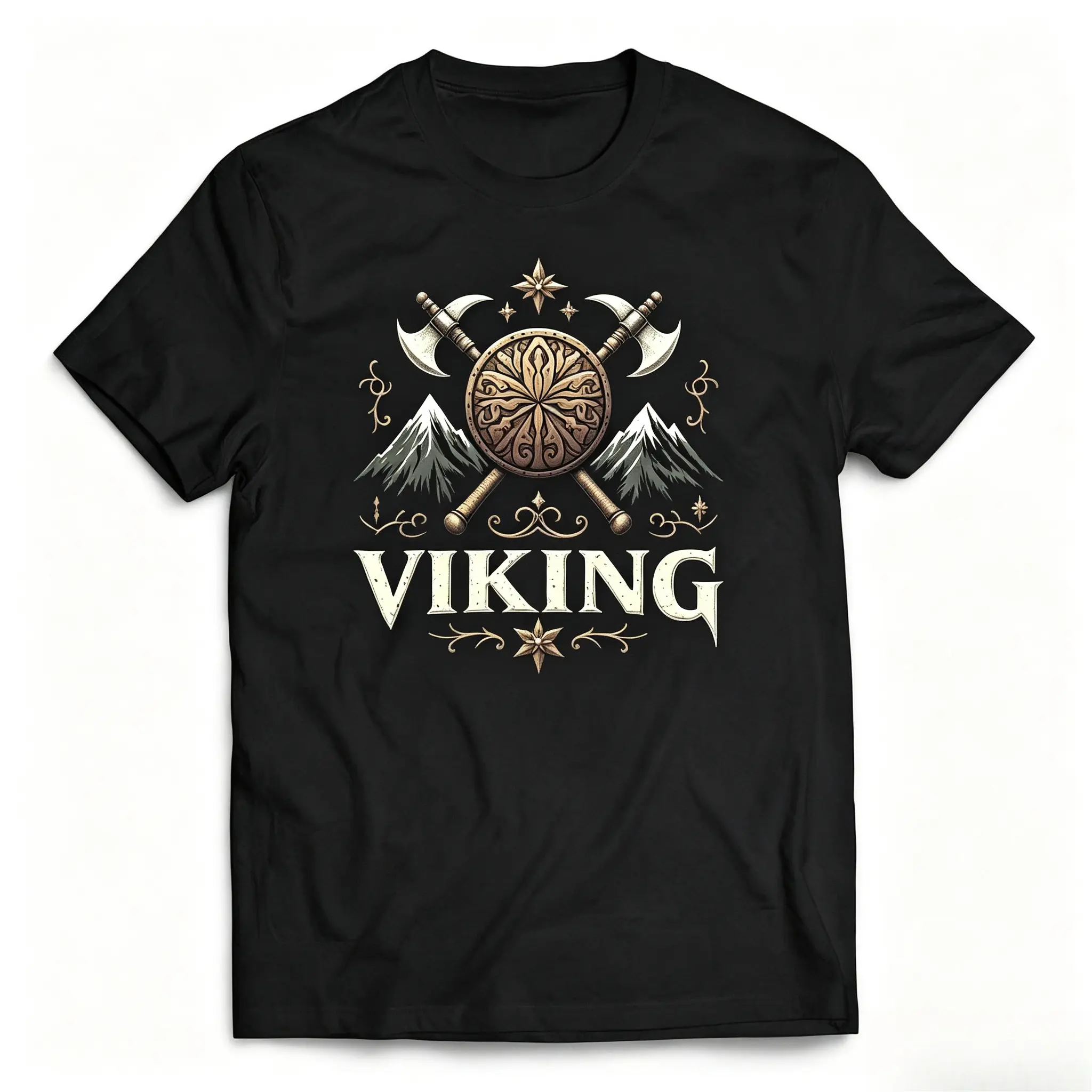 Viking Axe Shield Mountain Graphic Oversized Cotton T-Shirt, Cute Fashion Outfit, Perfect Holiday Gift For Him Her, Best Present For Family Friends Lover