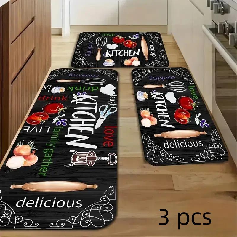 Food Letter Kitchen Utensils Pattern Kitchen Mat, 3pcs/set Kitchen Floor Mat, Non-slip Kitchen Rug, Kitchen Decor Mat, Home Decor, Kitchen Accessories, Kitchen Area Rug
