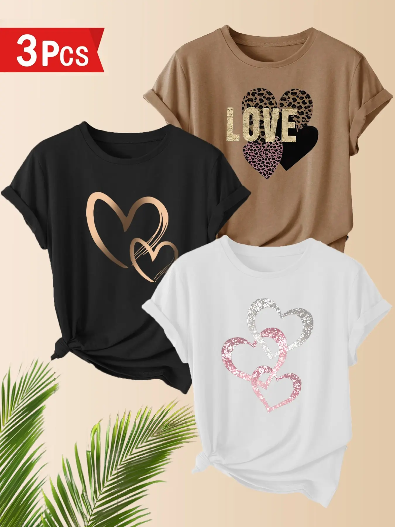 3-Pack Women's Casual T-Shirts, Heart Pattern Print, Polyester, Round Neck, Short Sleeve, Comfortable for Spring & Summer, Casual Trendy Tee