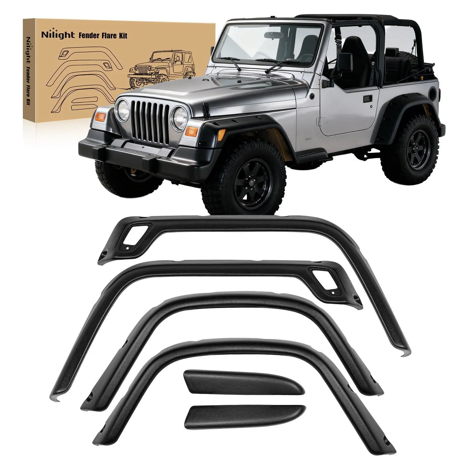 Nilight Fender Flares Kit Fit for Jeep Wrangler TJ 1997-2006 1998 1999 2000 2001 2002 2003 2004 2005 Front&Rear 6Inch Wide Wheel Fender Flares Cover Factory Style Automotive Fender Flare Set, 6Pcs