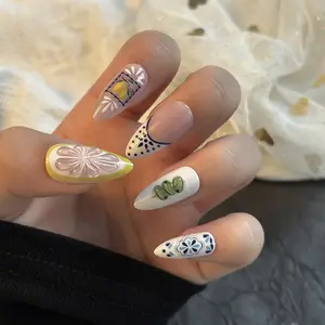 24-Piece New Handmade Lemon Nail Art French Almond Shape Wearable False Nails, European and American Detachable Nail Tips