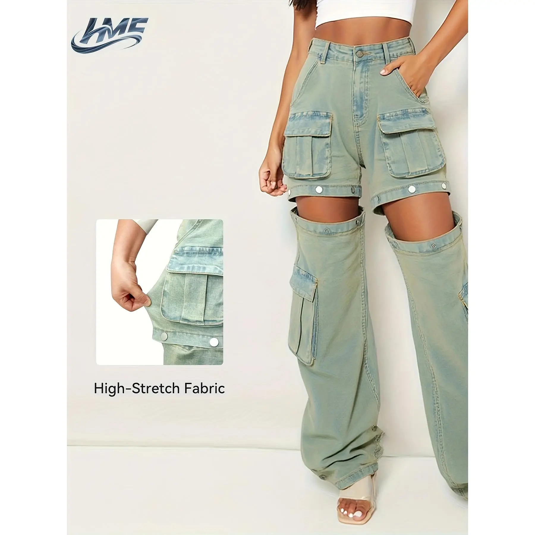 Women's 2-In-1 Convertible Cargo Jeans Bottoms - Detachable Multi-Function Wide-Leg Design, Utility Pockets, Instant Long-to-Short Style Switch, Cargo Trousers, Vintage, Casual, Denim