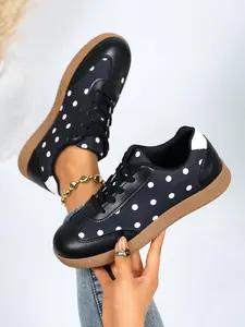 Classic Polka Dot Colorblock Sneakers, Soft PU Leather Low Top Lace-Up Casual Walking Shoes, Anti-Slip Rubber Sole, Vintage Agony Shoes for Students
