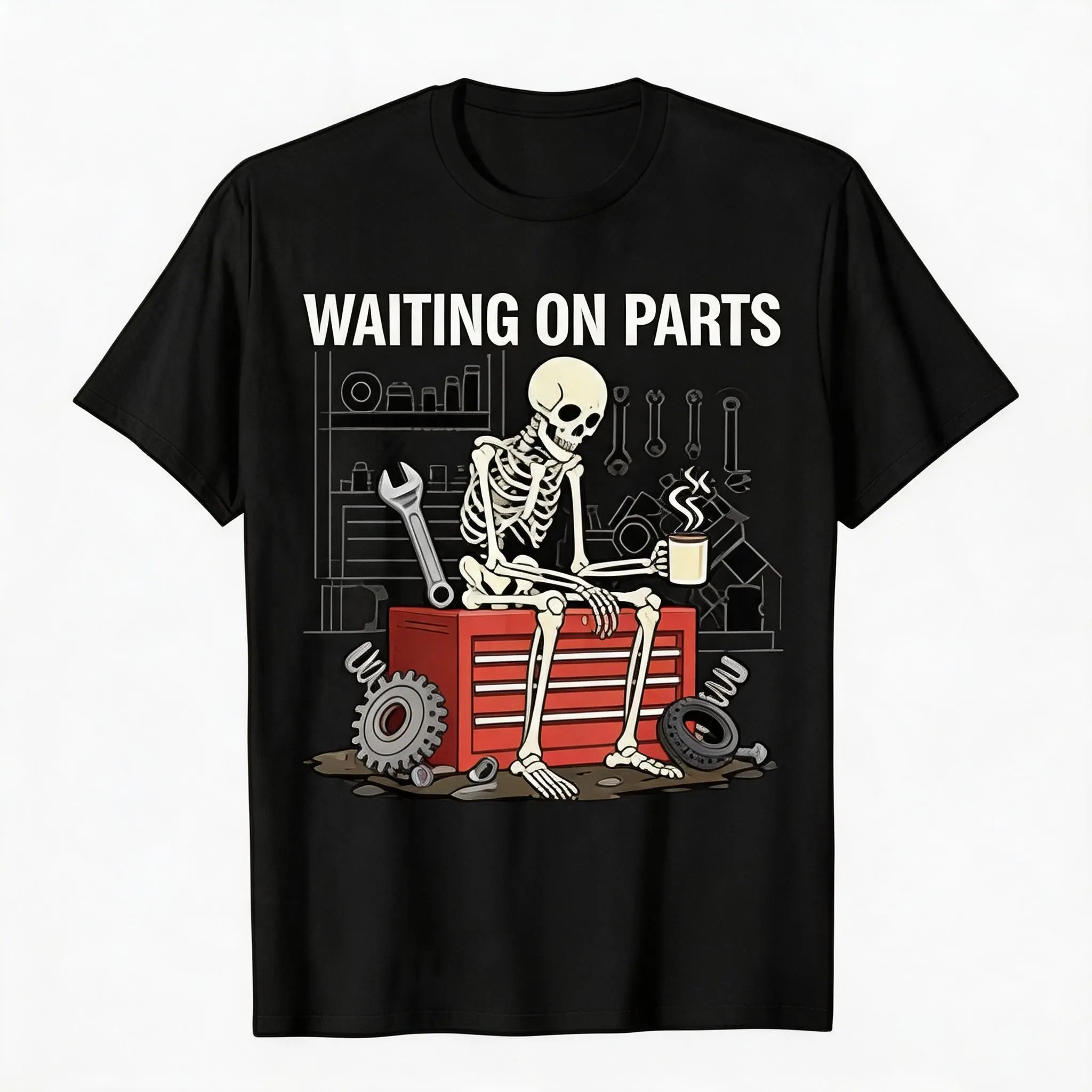 Waiting On Parts Funny Skeleton Auto Mechanic Technician T-Shirt For Men Women Couple | Trendy Tops Short Sleeve, Street Style, Comfort Tee, Casual Summer Tee, Must-Have Fashionable Tee,back to school,back to school shopping