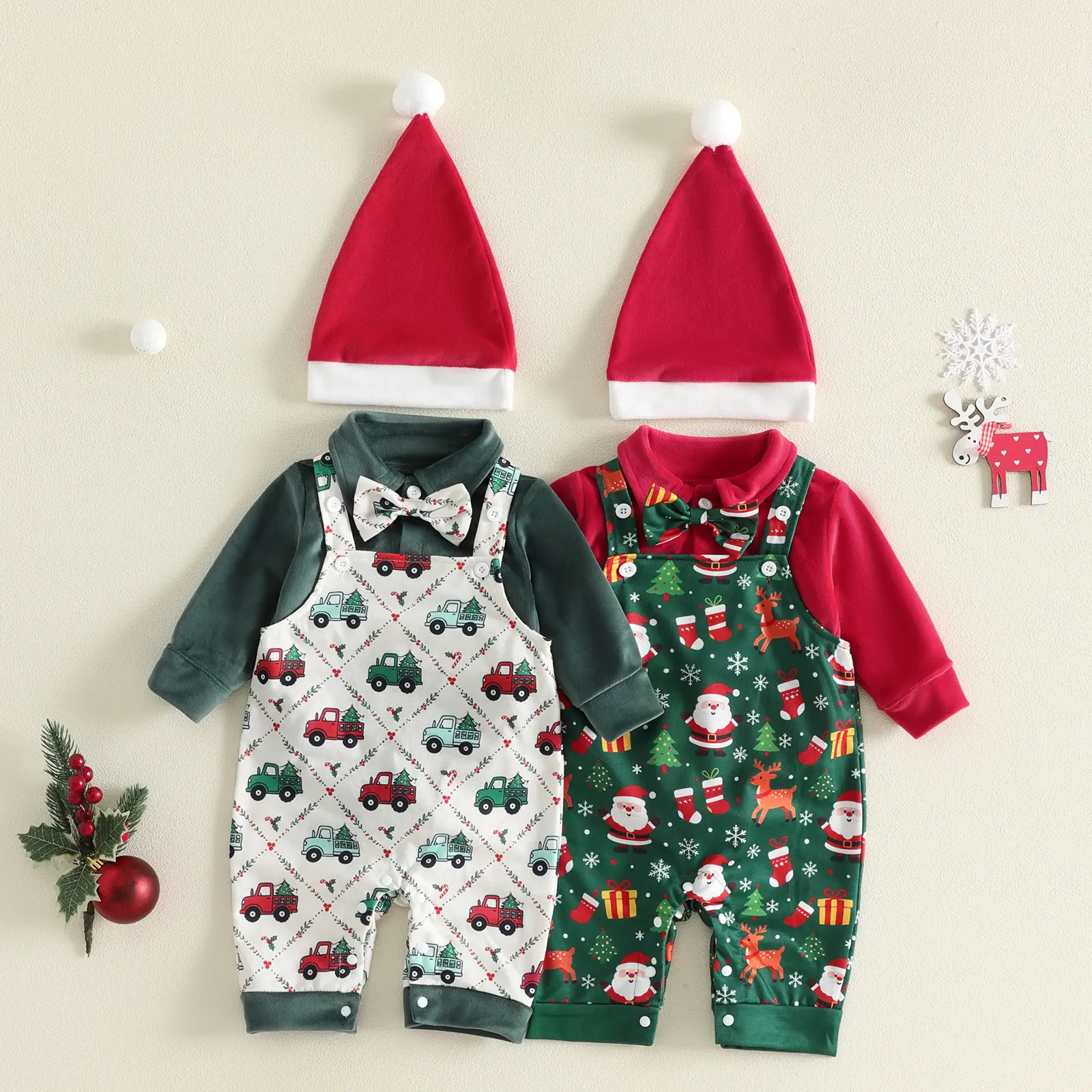 Infant Baby First Christmas Costume Set Velvet Long Sleeve Bodysuit Bow Tie Santa Reindeer Pattern Overalls Santa Hat Outfi 0-18 Months