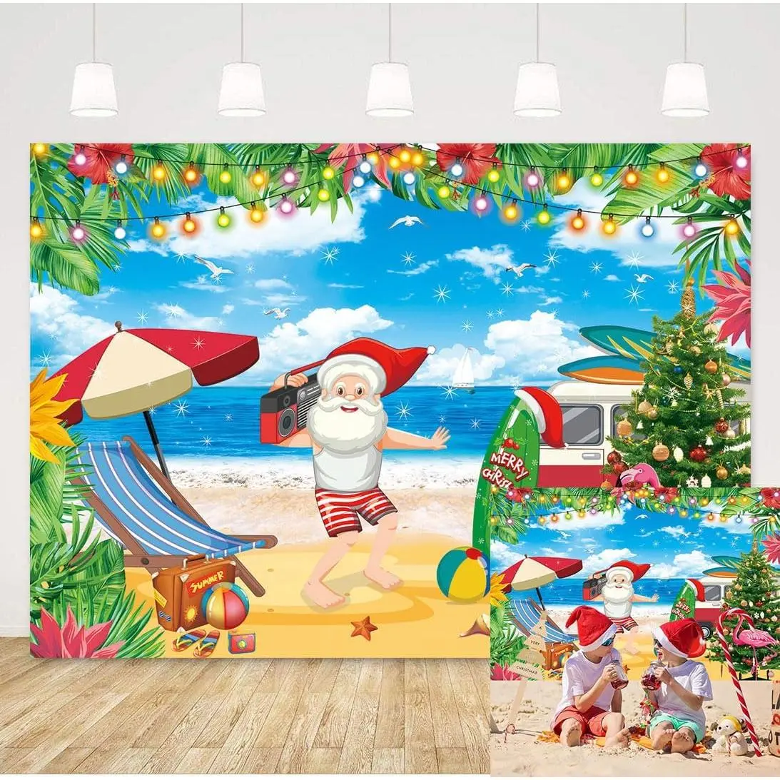 July Christmas Backdrop Summer Beach Christmas Decoration Photography Background Tropical Santa Claus Hawaiian Xmas Party Supplies Photo Props (7X5FT)