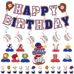 Baseball-themed party decoration set, baseball sports birthday party banner, garland, cake topper, honeycomb, party decoration supplies