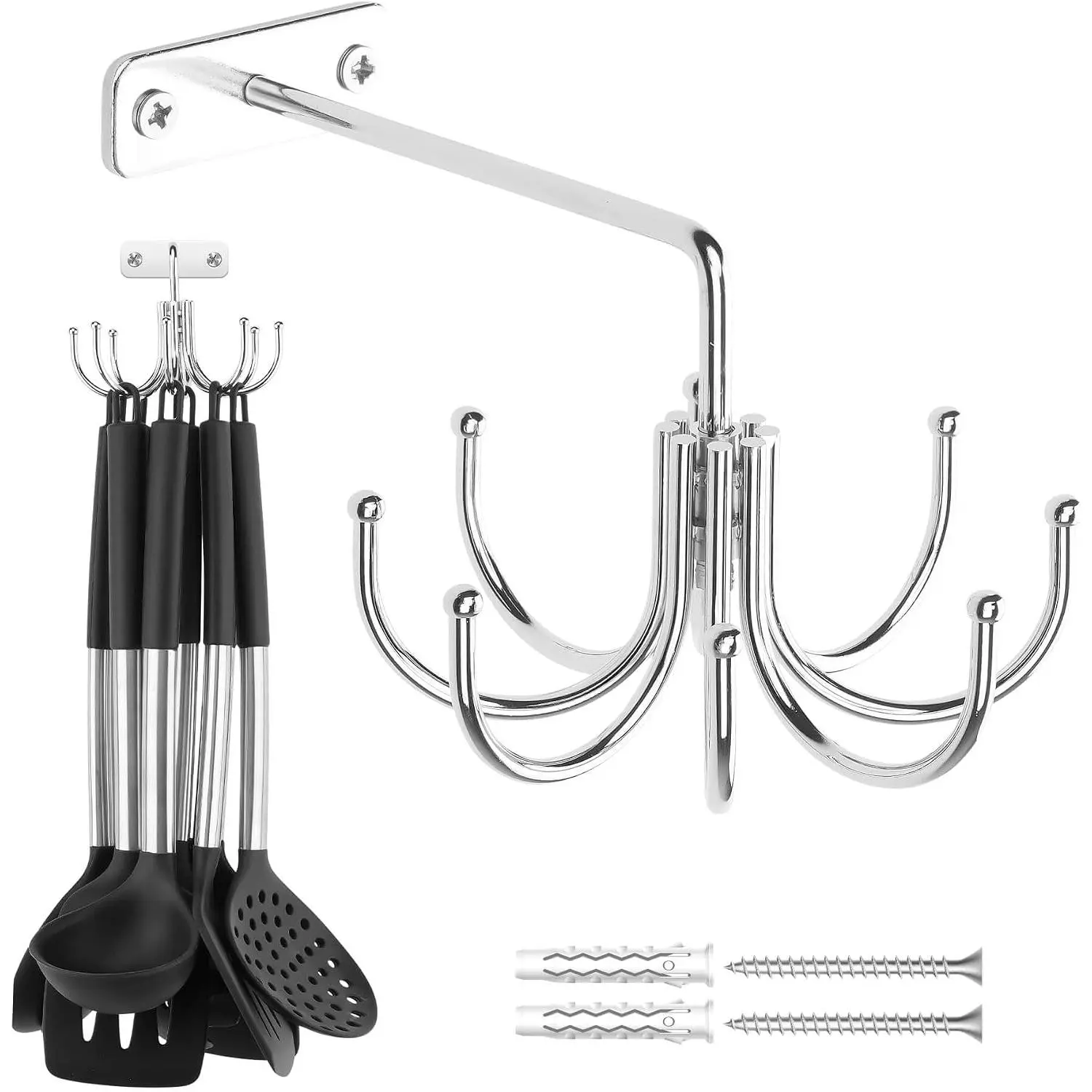 Kitchen Cooking Utensil Holder, 360° Rotating Kitchen Hooks for  Utensils, Heavy Duty Metal Utensil Rack with 8 Storage Capacity for Utensil, Towel, Pot, Glove, Aprons,