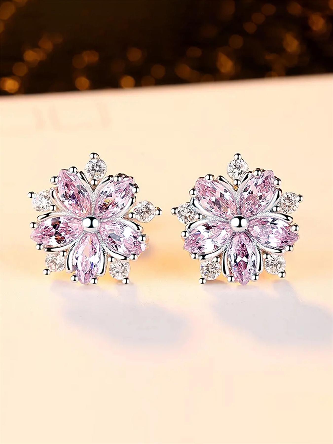 1 Pair Flower Shaped Design Rhinestone Stud Earrings for Women, Anniversary Birthday Gift, Zirconia Earrings for Daily Use, Wedding, Dazzling Rhinestones, Floral Accents, Statement Earrings, Rhinestone Decorated Bling