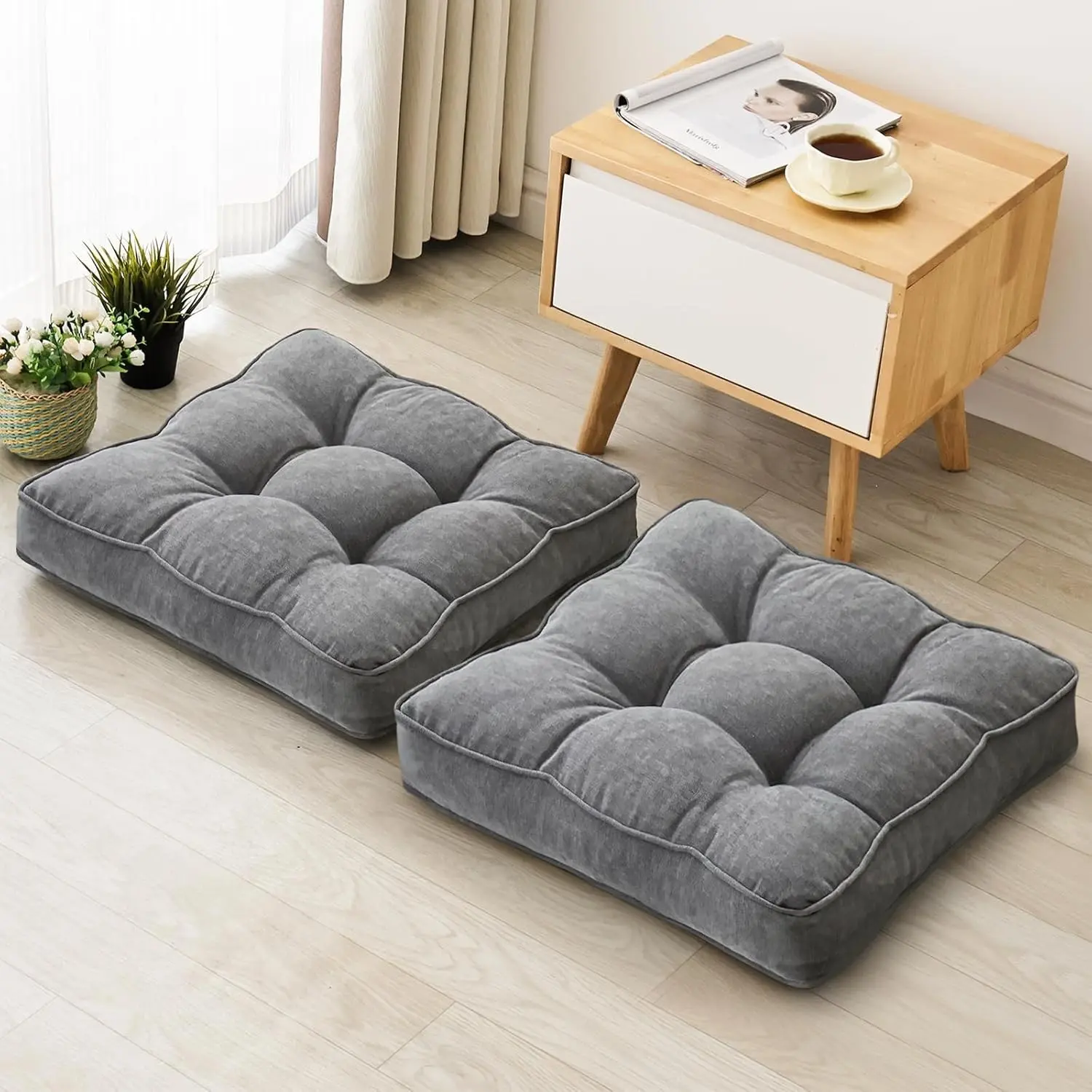 Floor Pillow Set of 2, Memory Foam Floor Cushions for Adults, Large Meditation Pillow for Sitting, 22 x 22 Inches Square Grey