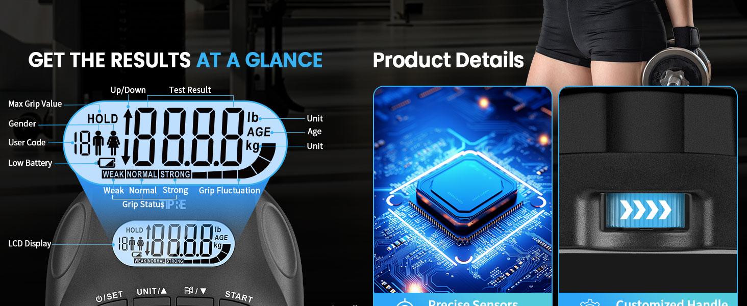 AGS 396lbs/180kg Grip Strength Tester, Hand Grip Dynamometer, Digital Grip Strength Tester with LCD Display, Adjustable Hand Grip Training Gauge, Hand Grip Testing for Sports Home School Use