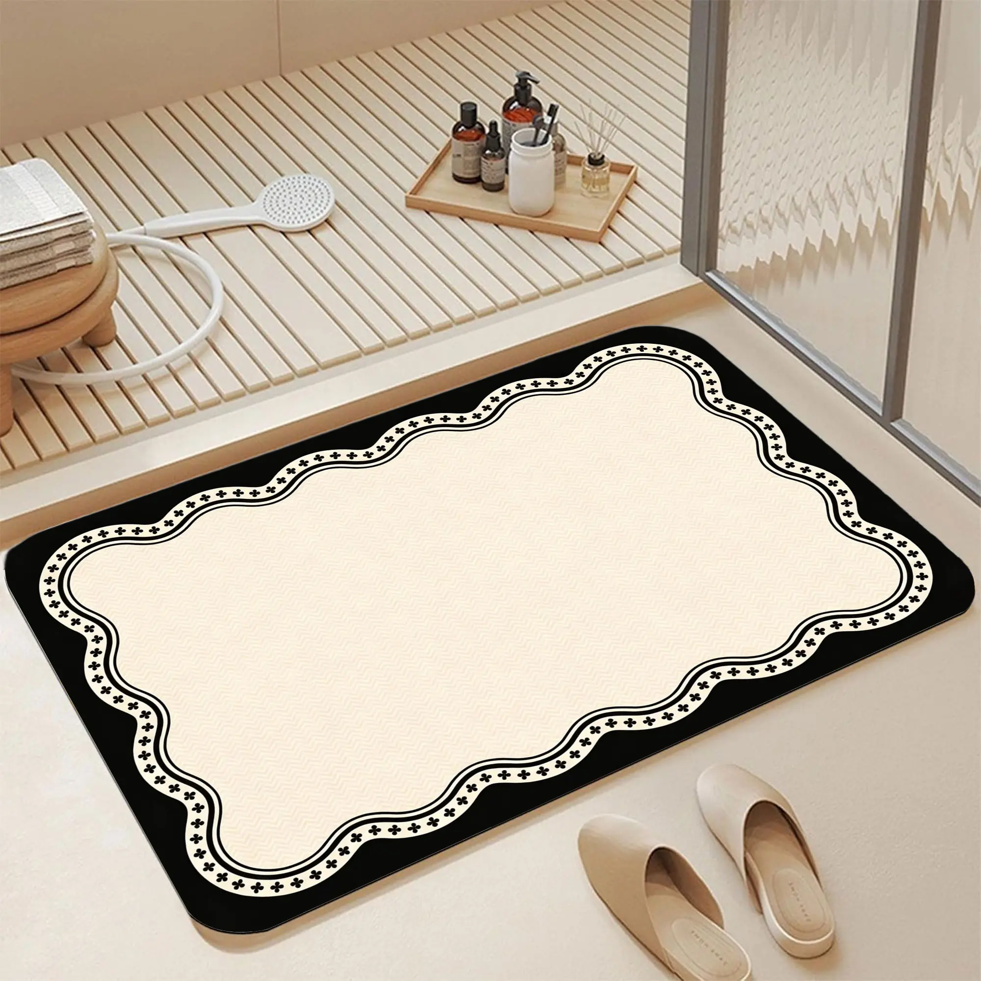 16*24 Inch Vintage Wavy Scalloped Clover Border Diatomaceous Earth Bath Mat, Super Quick Absorbent Non Slip Diatomite Stone Shower Rug, Retro Cream Chevron Background Print Bathroom Floor Mat, Stain Resistant Easy Clean Aesthetic Decor Mat for Tub Sink