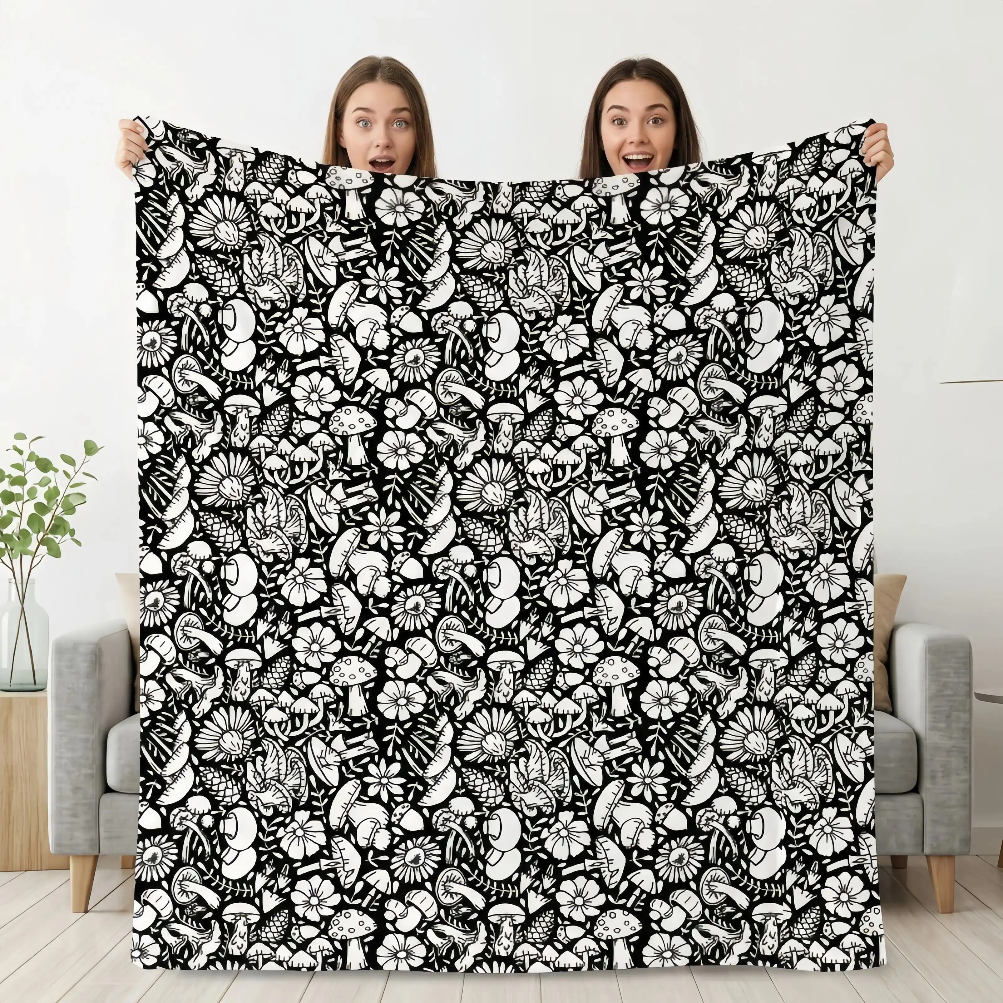 Black White Hand Drawn Doodle DIY Coloring Flannel Throw Blanket, Color Your Own Full Line Art Blanket for Adults & Teens, Stress Relief Creative Craft Blanket for Home Bedroom Sofa Camping Decor, Minimalist Neutral Aesthetic Gift for Birthday Christmas