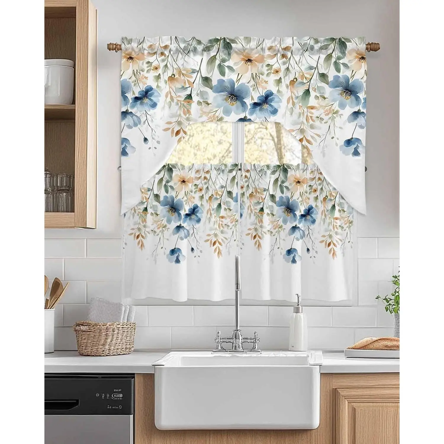 Blue Floral Kitchen Curtains Sets for Windows 3 Piece, Summer Botanical Kitchen Curtains and Valances Tier Set 24 Inch Length Watercolor Wildflower Leaf Swag Curtain for Living Room Cafe Bath Bedroom