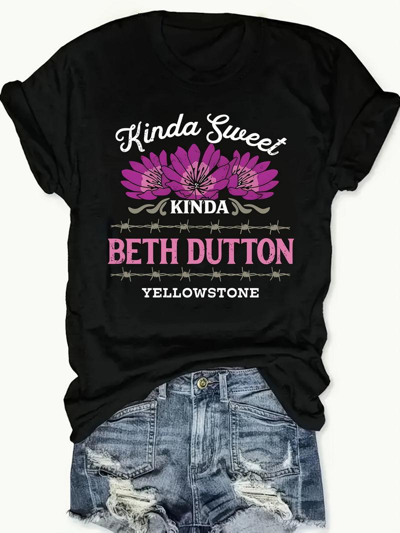 Kinda Sweet Kinda Beth Dutton Yellowstone Women's Black 180g Cotton Crew Neck Short Sleeve Graphic T-Shirt Floral Print Casual Tee Trendy Fashion Statement Top